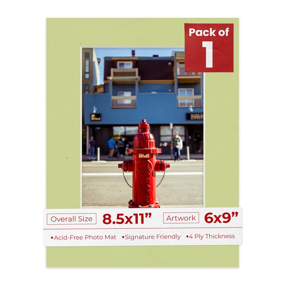 8.5x11 Mat Bevel Cut for 6x9 Photos - Acid Free Pistachio Green Precut Matboard With Backing Board and Crystal Clear, Self Seal Photo Mat Bag - For Pictures, Photos, Framing - 4-ply Thickness