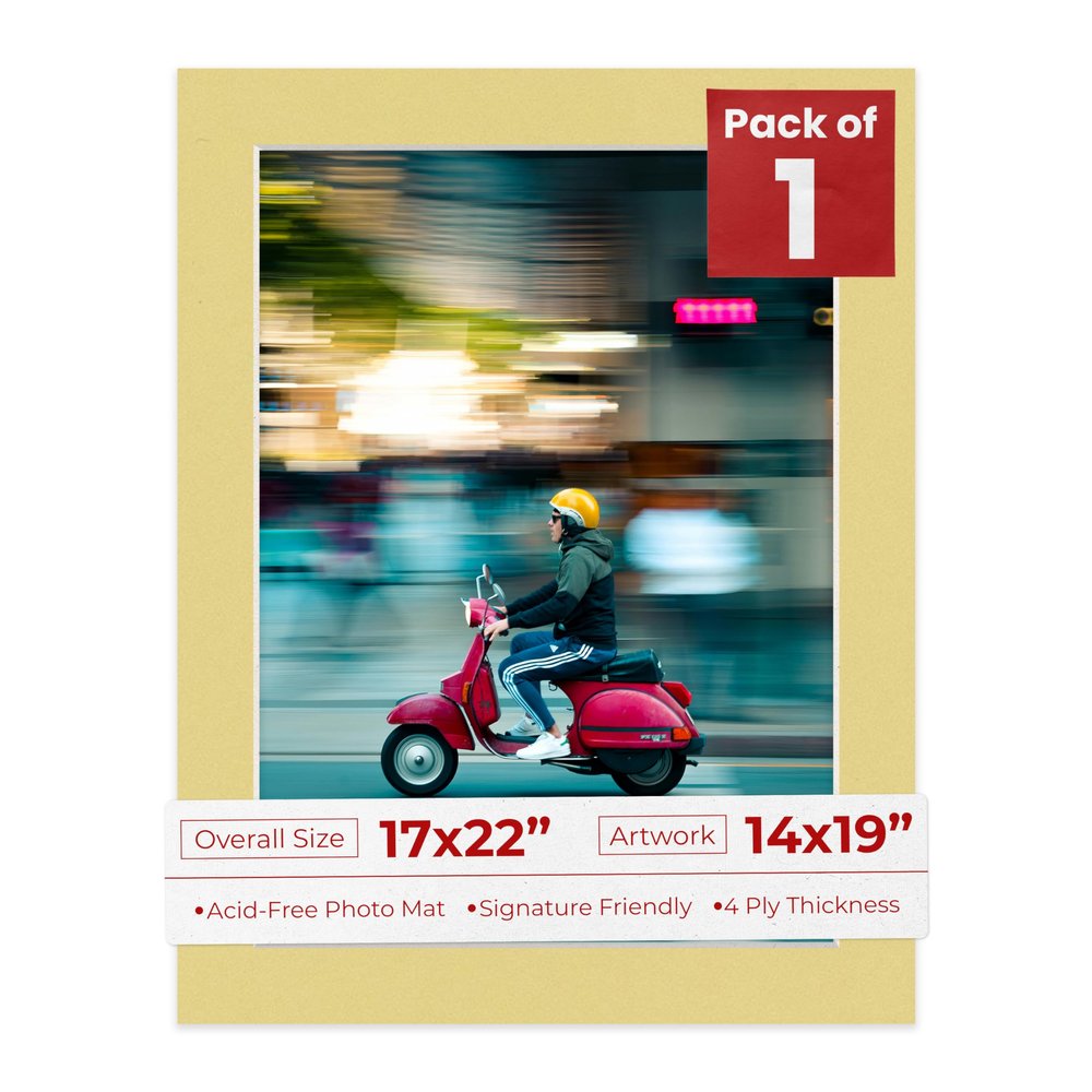 Poster Palooza 17x22 Mat Bevel Cut for 14x19 Photos - Acid Free Soft Yellow Precut Matboard - For Pictures, Photos, Framing - 4-ply Thickness