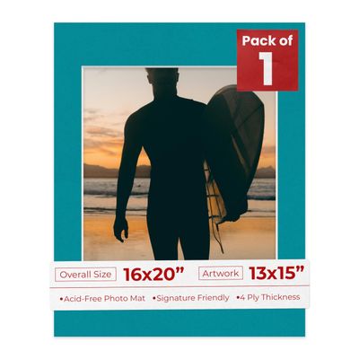 Poster Palooza 16x20 Mat Bevel Cut for 13x15 Photos - Acid Free Teal Blue Precut Matboard - For Pictures, Photos, Framing - 4-ply Thickness