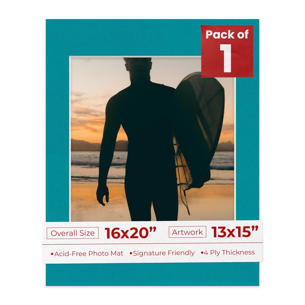 Poster Palooza 16x20 Mat Bevel Cut for 13x15 Photos - Acid Free Teal Blue Precut Matboard - For Pictures, Photos, Framing - 4-ply Thickness