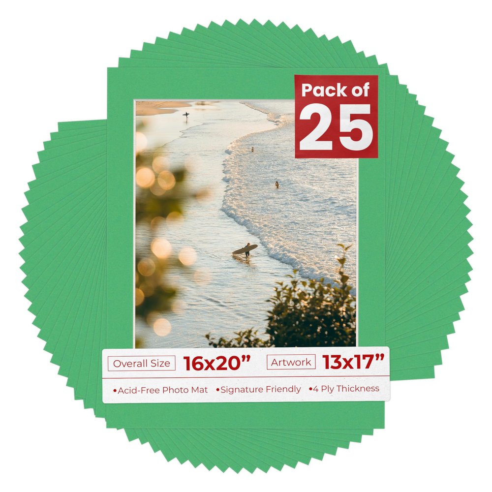 Poster Palooza Pack of 25 Acid Free 16x20 Mats Bevel Cut for 13x17 Photos - Bright Green Precut Matboards With Backing Boards and Clear Photo Mat Bags For Pictures, Photos, Framing - 4-ply Thickness
