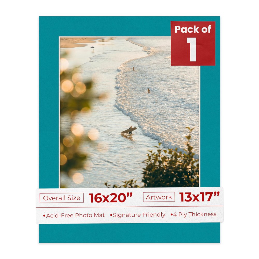 Poster Palooza 16x20 Mat Bevel Cut for 13x17 Photos - Acid Free Teal Blue Precut Matboard - For Pictures, Photos, Framing - 4-ply Thickness