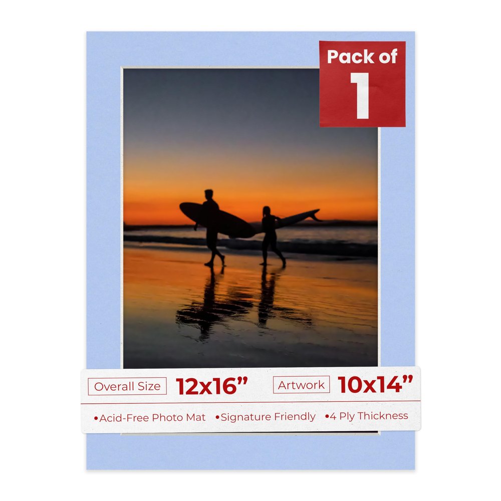 Poster Palooza 12x16 Mat Bevel Cut for 10x14 Photos - Acid Free Baby Blue Precut Matboard - For Pictures, Photos, Framing - 4-ply Thickness