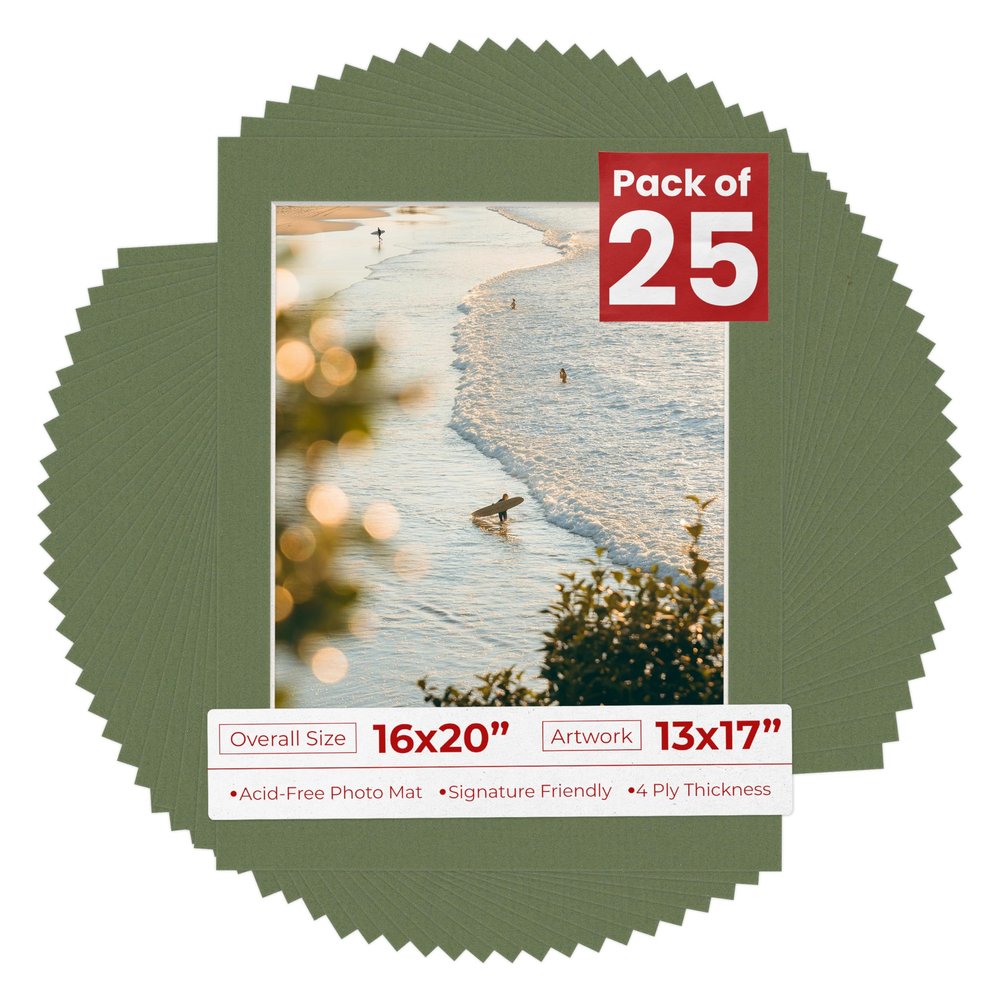 Poster Palooza Pack of 25 Acid Free 16x20 Mats Bevel Cut for 13x17 Photos - Dill Green Precut Matboards With Backing Boards and Clear Photo Mat Bags For Pictures, Photos, Framing - 4-ply Thickness
