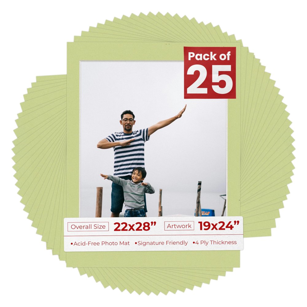 Pack of 25 Acid Free 22x28 Mats Bevel Cut for 19x24 Photos - Pistachio Green Precut Matboards With Backing Boards and Clear Photo Mat Bags For Pictures, Photos, Framing - 4-ply Thickness