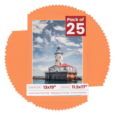 Poster Palooza Pack of 25 Acid Free 13x19 Mats Bevel Cut for 11.5x17 Photos - Orange Precut Matboards With Backing Boards and Clear Photo Mat Bags For Pictures, Photos, Framing - 4-ply Thickness
