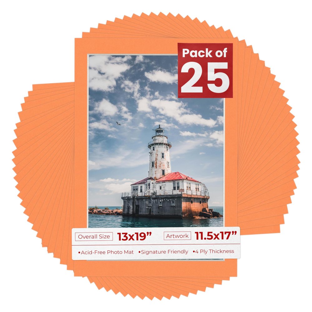 Poster Palooza Pack of 25 Acid Free 13x19 Mats Bevel Cut for 11.5x17 Photos - Orange Precut Matboards With Backing Boards and Clear Photo Mat Bags For Pictures, Photos, Framing - 4-ply Thickness