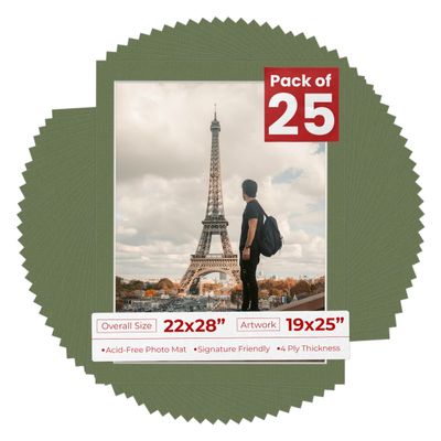 Poster Palooza Pack of 25 Acid Free 22x28 Mats Bevel Cut for 19x25 Photos - Dill Green Precut Matboards With Backing Boards and Clear Photo Mat Bags For Pictures, Photos, Framing - 4-ply Thickness