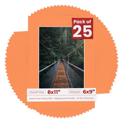 Poster Palooza Pack of 25 Acid Free 8x11 Mats Bevel Cut for 6x9 Photos - Orange Precut Matboards With Backing Boards and Clear Photo Mat Bags For Pictures, Photos, Framing - 4-ply Thickness