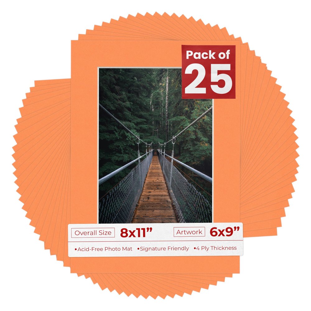 Poster Palooza Pack of 25 Acid Free 8x11 Mats Bevel Cut for 6x9 Photos - Orange Precut Matboards With Backing Boards and Clear Photo Mat Bags For Pictures, Photos, Framing - 4-ply Thickness