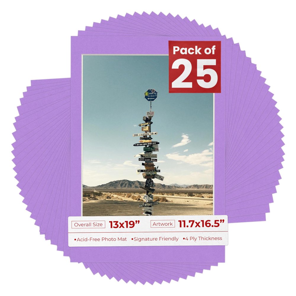 Pack of 25 Acid Free 13x19 Mats Bevel Cut for 11.7x16.5 Photos - Light Purple Precut Matboards With Backing Boards and Clear Photo Mat Bags For Pictures, Photos, Framing - 4-ply Thickness