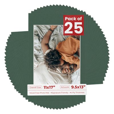 Poster Palooza Pack of 25 Acid Free 11x17 Mats Bevel Cut for 9.5x13 Photos - Hunter Green Precut Matboards With Backing Boards and Clear Photo Mat Bags For Pictures, Photos, Framing - 4-ply Thickness