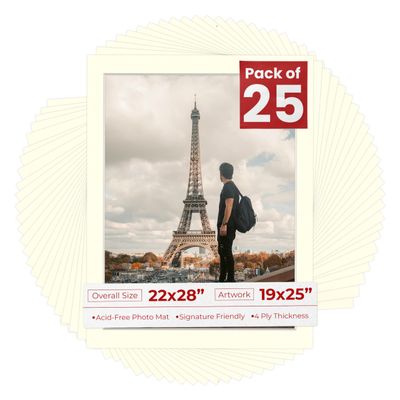 Pack of 25 Acid Free 22x28 Mats Bevel Cut for 19x25 Photos - Textured Cream Precut Matboards With Backing Boards and Clear Photo Mat Bags For Pictures, Photos, Framing - 4-ply Thickness