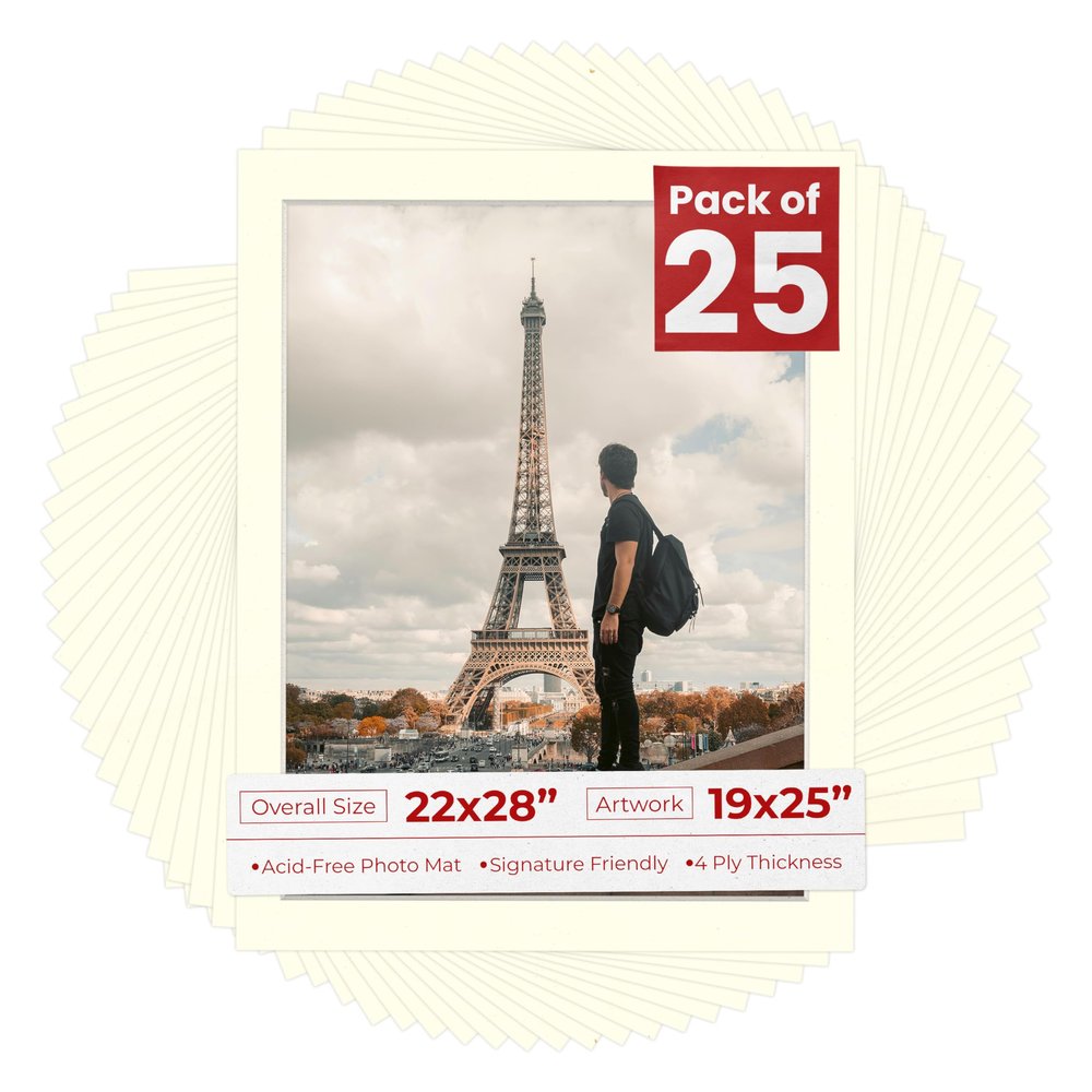 Pack of 25 Acid Free 22x28 Mats Bevel Cut for 19x25 Photos - Textured Cream Precut Matboards With Backing Boards and Clear Photo Mat Bags For Pictures, Photos, Framing - 4-ply Thickness