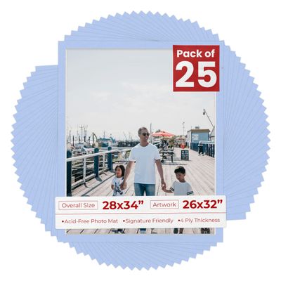 Poster Palooza Pack of 25 Acid Free 28x34 Mats Bevel Cut for 26x32 Photos - Baby Blue Precut Matboards With Backing Boards and Clear Photo Mat Bags For Pictures, Photos, Framing - 4-ply Thickness
