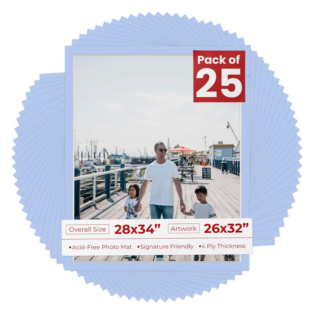 Poster Palooza Pack of 25 Acid Free 28x34 Mats Bevel Cut for 26x32 Photos - Baby Blue Precut Matboards With Backing Boards and Clear Photo Mat Bags For Pictures, Photos, Framing - 4-ply Thickness