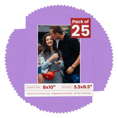 Poster Palooza Pack of 25 Acid Free 8x10 Mats Bevel Cut for 5.5x8.5 Photos - Light Purple Precut Matboards With Backing Boards and Clear Photo Mat Bags For Pictures, Photos, Framing - 4-ply Thickness