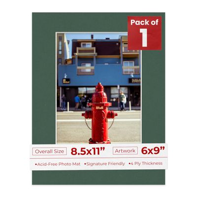 8.5x11 Mat Bevel Cut for 6x9 Photos - Acid Free Hunter Green Precut Matboard With Backing Board and Crystal Clear, Self Seal Photo Mat Bag - For Pictures, Photos, Framing - 4-ply Thickness