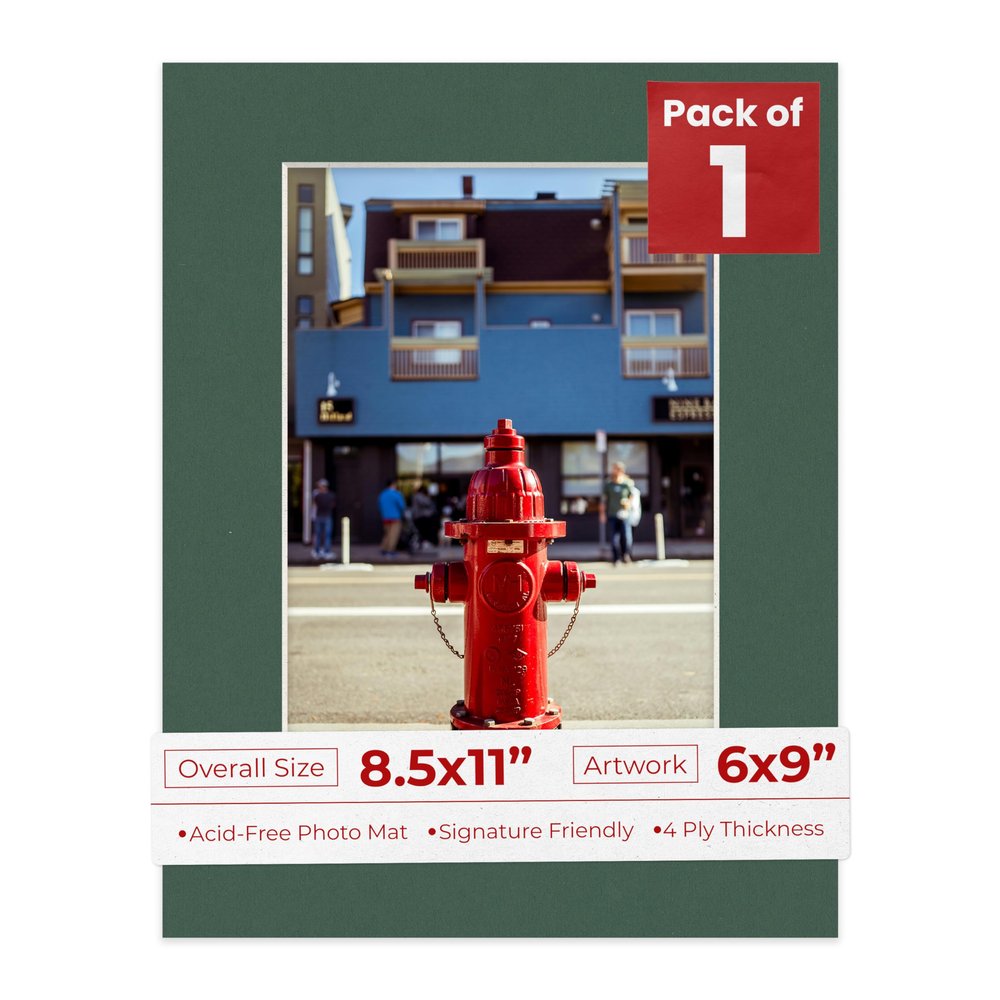 8.5x11 Mat Bevel Cut for 6x9 Photos - Acid Free Hunter Green Precut Matboard With Backing Board and Crystal Clear, Self Seal Photo Mat Bag - For Pictures, Photos, Framing - 4-ply Thickness
