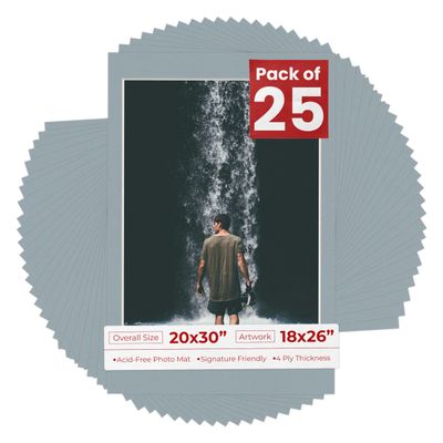 Pack of 25 Acid Free 20x30 Mats Bevel Cut for 18x26 Photos - Metallic Silver Precut Matboards With Backing Boards and Clear Photo Mat Bags For Pictures, Photos, Framing - 4-ply Thickness