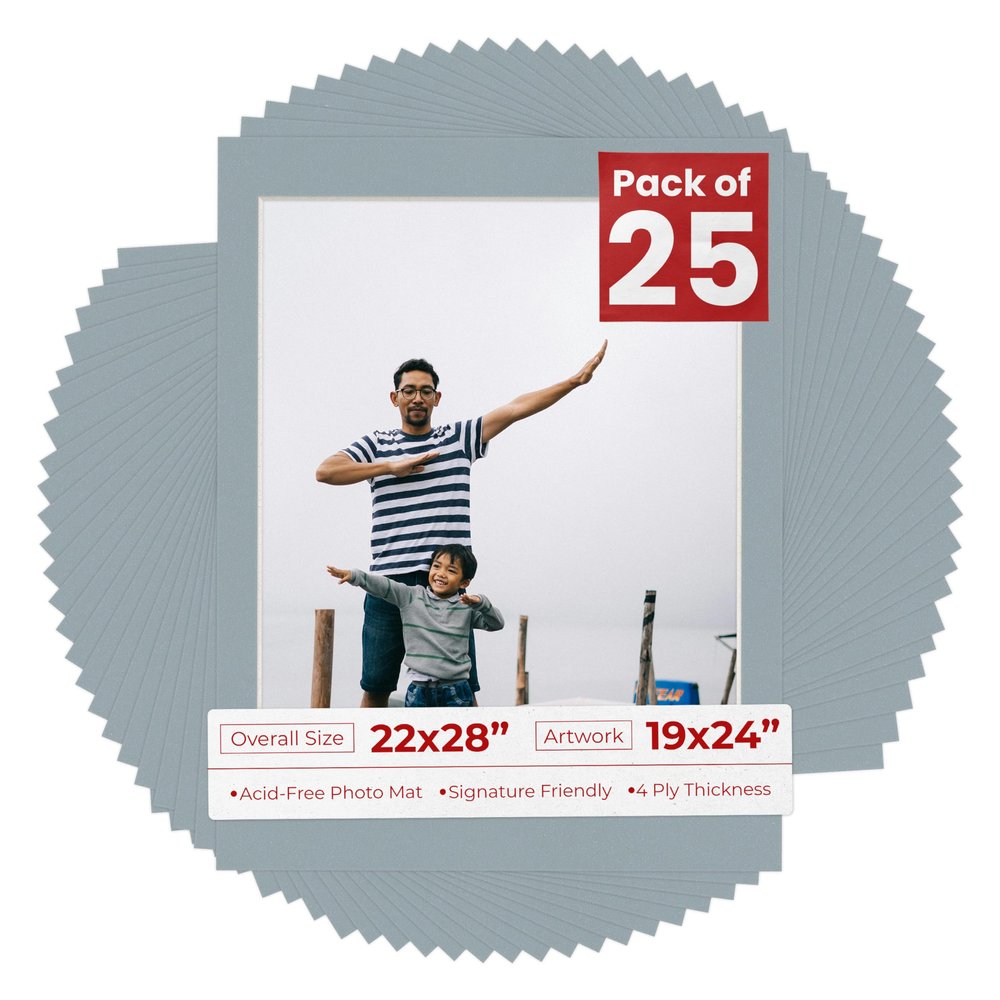 Pack of 25 Acid Free 22x28 Mats Bevel Cut for 19x24 Photos - Metallic Silver Precut Matboards With Backing Boards and Clear Photo Mat Bags For Pictures, Photos, Framing - 4-ply Thickness