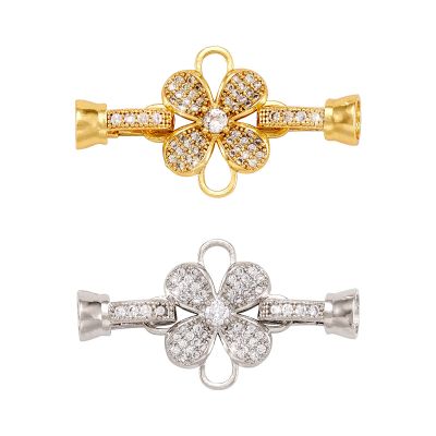 Pandahall 2Pcs Brass Micro Pave Cubic Zirconia Fold Over Clasps Crystal CZ Stone Flower Shaped Pendant Links Connectors for Necklace Bracelet Jewelry Extender (Golden & Platinum)
