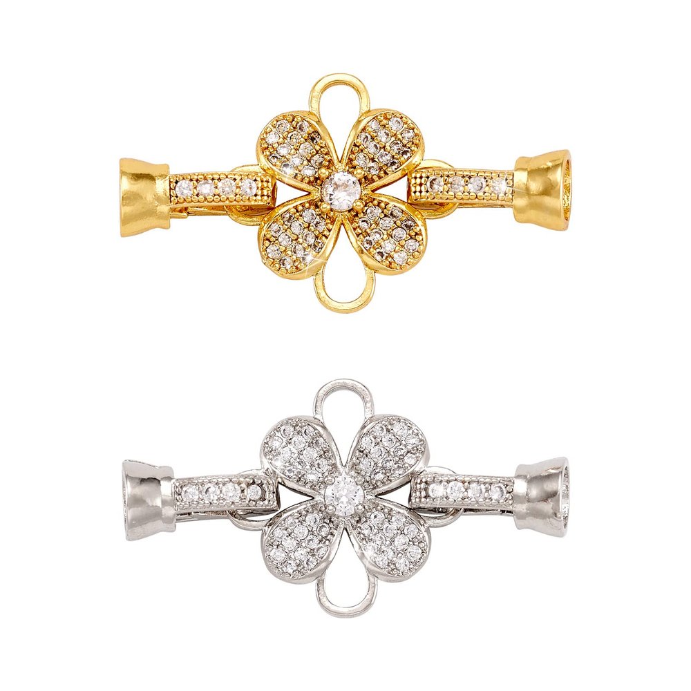 Pandahall 2Pcs Brass Micro Pave Cubic Zirconia Fold Over Clasps Crystal CZ Stone Flower Shaped Pendant Links Connectors for Necklace Bracelet Jewelry Extender (Golden & Platinum)