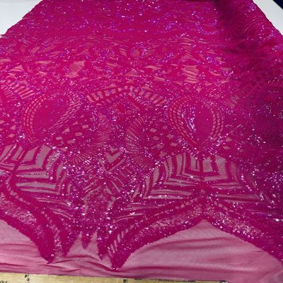 Backdrop King Inc, New Royalty Sequins Design on a 4-Way Stretch Mesh See Through Fabric (Neon Pink Iridescent, 3 Yards)
