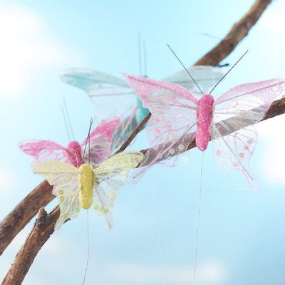 Factory Direct Craft Set of 16 Sheer Iridescent Glittered Artificial Butterflies for Floral Arrangements and Summer Displays