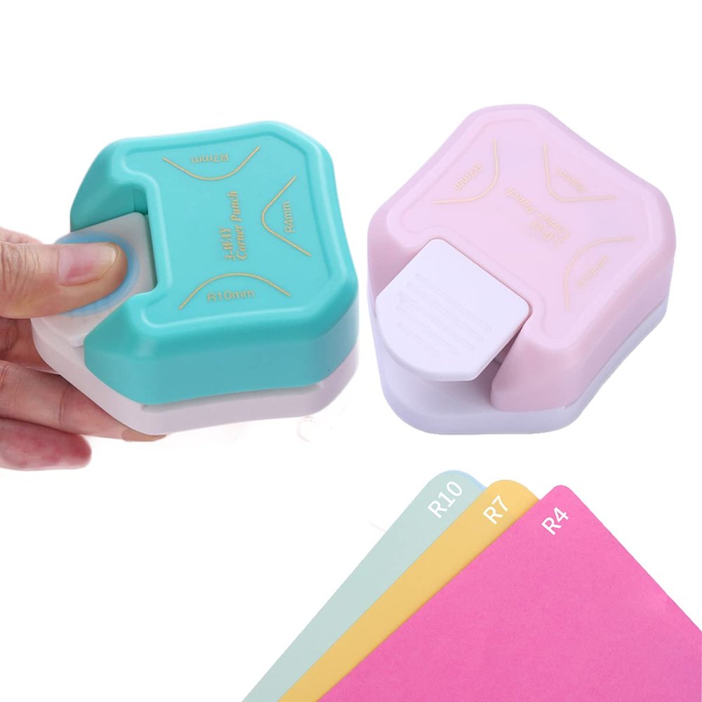 2Pcs (4mm 7mm 10mm) 3 in 1 Corner Rounder Paper Punch for Paper Crafts, Laminate, Cardstock, Business Card, DIY Projects, Photo, Card Making and ScrapbookingPink,Blue