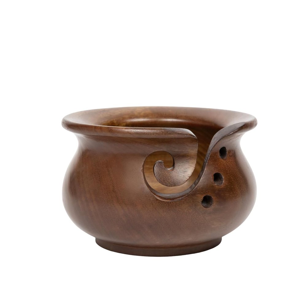 mindfulknits Premium Mango Wood Yarn Bowl with Holes - Knitting and Crochet Supplies for Relaxation & Stress Relief