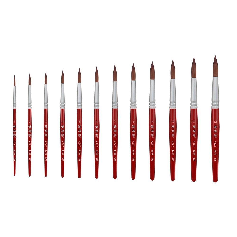 XDT#378 Round Watecolor Artist Paint Brush 12 Piece Set Medium Soft Premium Nylon Hair Short Handle #1#2#3#4#5#6#7#8#9#10#11#12, Oil Acrylic Watercolor