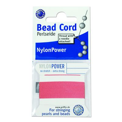 Griffin Nylon Bead Cord Perlseide Dark Pink Color Size 16 (1.05mm) 2 Meters per Card Stainless Steel Needle Attached for Knotting Pearls, Gemstones, Crystals and Beads