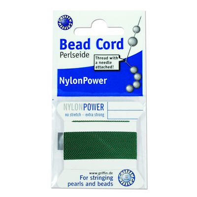 Griffin Nylon Bead Cord Perlseide Green Color Size 2 (0.45mm) 2 Meters per Card Stainless Steel Needle Attached for Knotting Pearls, Gemstones, Crystals and Beads
