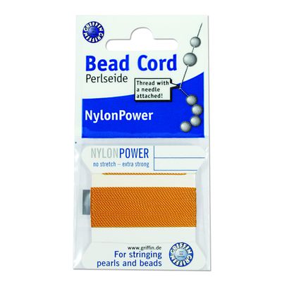 Griffin Nylon Bead Cord Perlseide Amber Color Size 8 (0.80mm) 2 Meters per Card Stainless Steel Needle Attached for Knotting Pearls, Gemstones, Crystals and Beads