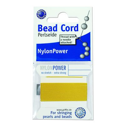 Griffin Nylon Bead Cord Perlseide Yellow Color Size 1 (0.35mm) 2 Meters per Card Stainless Steel Needle Attached for Knotting Pearls, Gemstones, Crystals and Beads