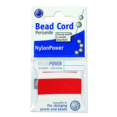 Griffin Nylon Bead Cord Perlseide Red Color Size 0 (0.30mm) 2 Meters per Card Stainless Steel Needle Attached for Knotting Pearls, Gemstones, Crystals and Beads