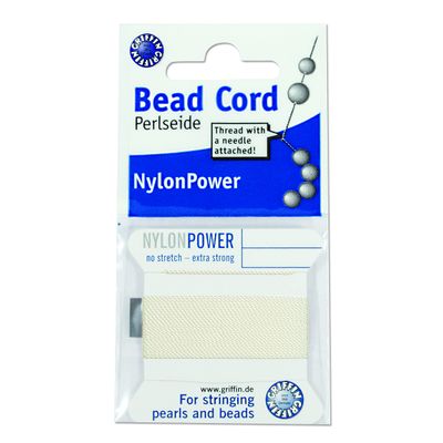 Griffin Nylon Bead Cord Perlseide White Color Size 3 (0.50mm) 2 Meters per Card Stainless Steel Needle Attached for Knotting Pearls, Gemstones, Crystals and Beads