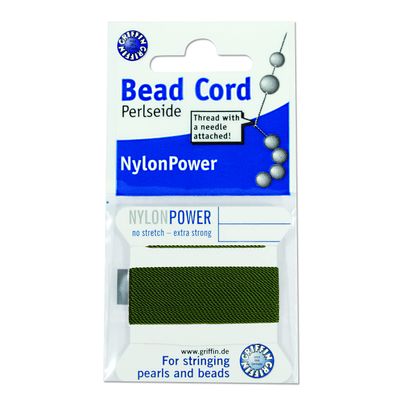 Griffin Nylon Bead Cord Perlseide Olive Color Size 4 (0.60mm) 2 Meters per Card Stainless Steel Needle Attached for Knotting Pearls, Gemstones, Crystals and Beads