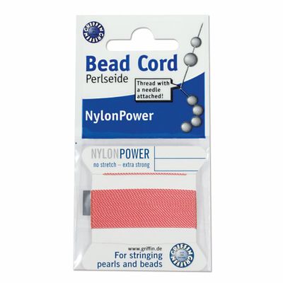 Griffin Nylon Bead Cord Perlseide Dark Pink Color Size 10 (0.90mm) 2 Meters per Card Stainless Steel Needle Attached for Knotting Pearls, Gemstones, Crystals and Beads