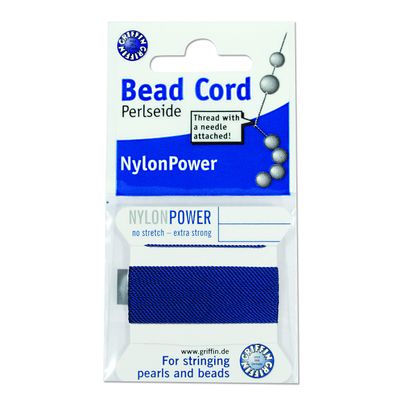 Griffin Nylon Bead Cord Perlseide Dark Blue Color Size 0 (0.30mm) 2 Meters per Card Stainless Steel Needle Attached for Knotting Pearls, Gemstones, Crystals and Beads