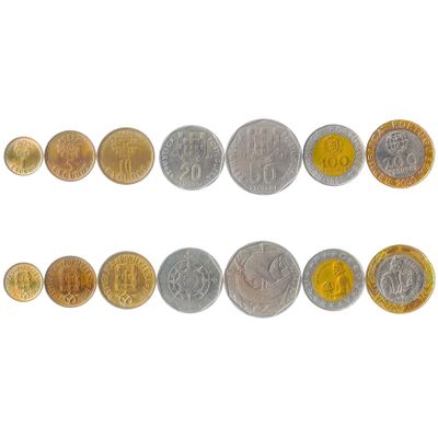 7 Coins from Portugal | Portuguese Coin Set Collection 1 5 10 20 50 100 200 Escudos | 1986-2001 | Pedro Nunes | Garcia De Orta | Ship | Nautical Compass
