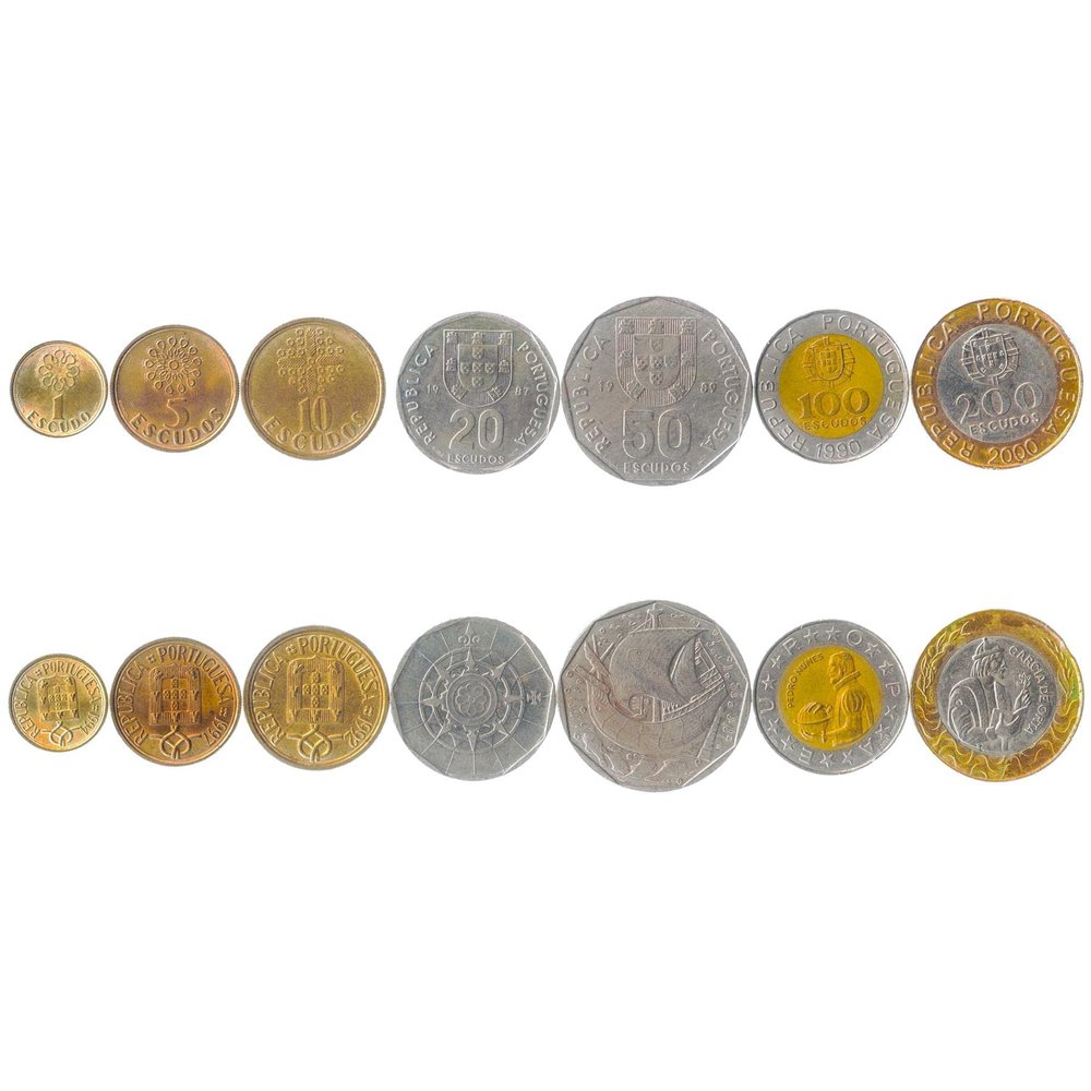 7 Coins from Portugal | Portuguese Coin Set Collection 1 5 10 20 50 100 200 Escudos | 1986-2001 | Pedro Nunes | Garcia De Orta | Ship | Nautical Compass