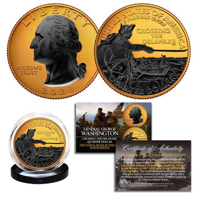 2021 Washington Crossing Delaware 24K Gold Plated 2-Sided U.S. Quarter with Black Ruthenium Highlights Obverse & Reverse