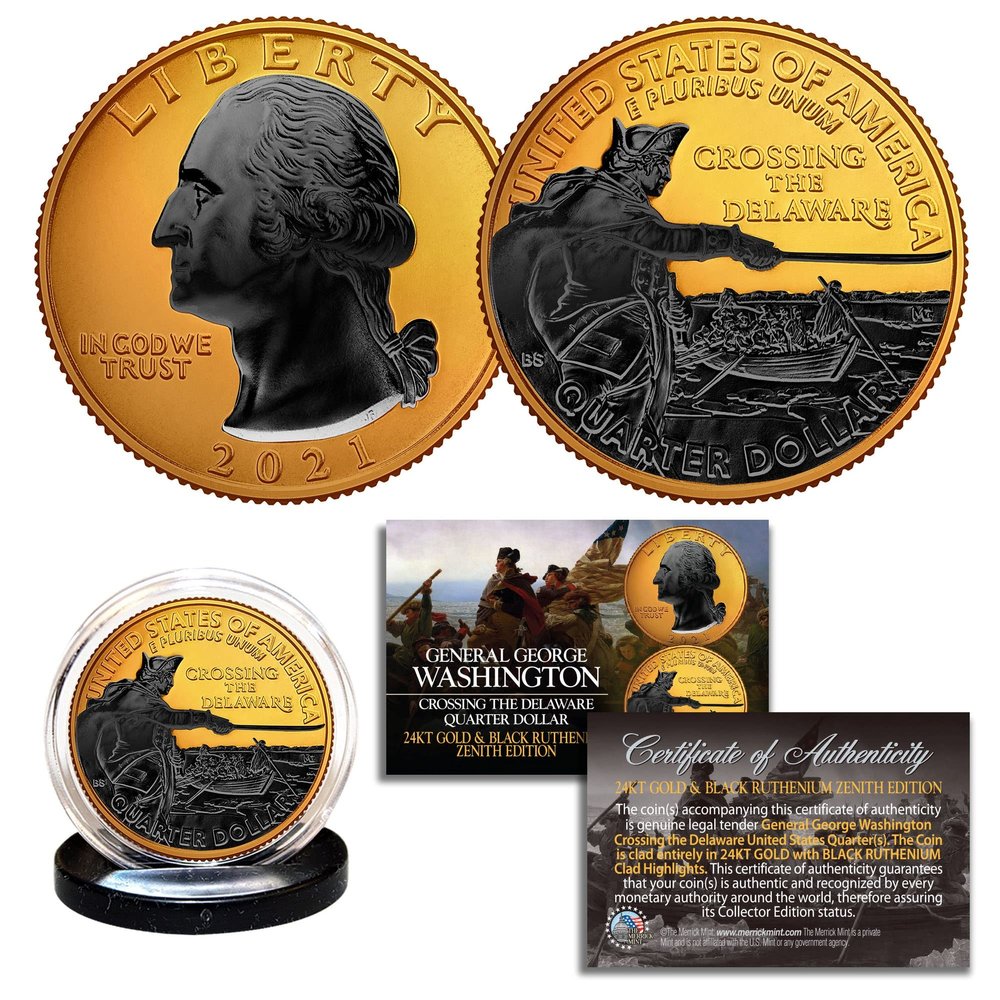 2021 Washington Crossing Delaware 24K Gold Plated 2-Sided U.S. Quarter with Black Ruthenium Highlights Obverse & Reverse
