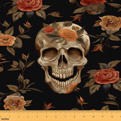 Rose Sugar Skull Upholstery Fabric for Chairs, Rose Floral Flowers Fabric By The Yard, Halloween Pesonalized Skeleton Bones Decorative for Upholstery and Home DIY Projects, 10 Yard,Red