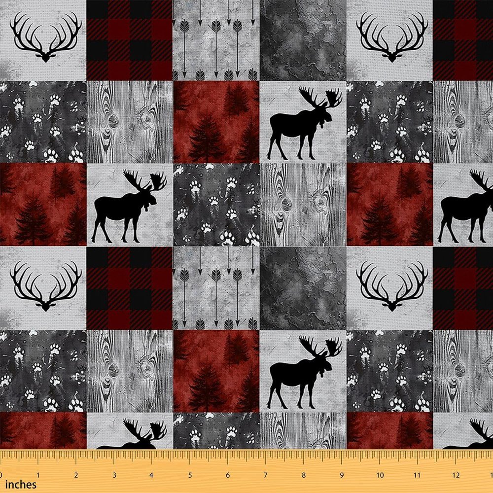 Buffalo Plaid Check Upholstery Fabric Deer Fabric By The Yard,Bear Elk Antler Wild Animal Decorative Fabric,Cabin Wooden Arrow Footprint Fabric, Christmas Stripe Patchwork Art, 3 Yards, Red Grey