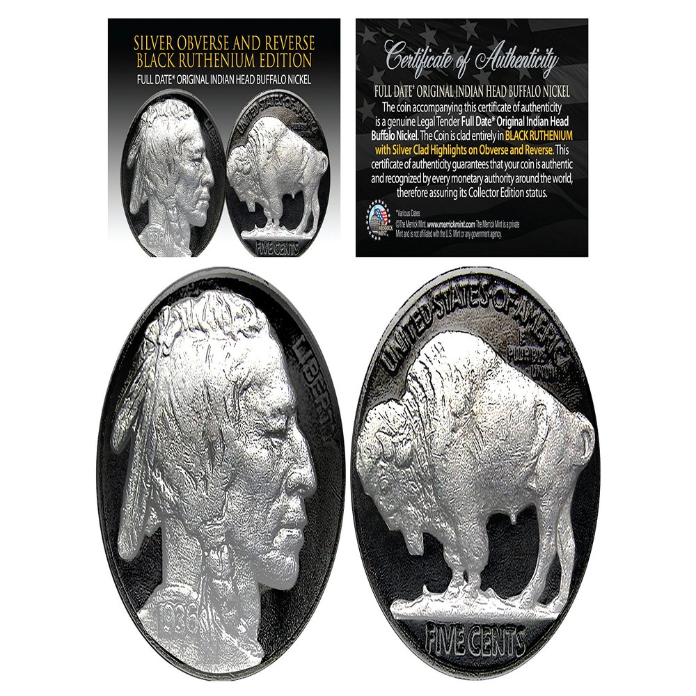 1930's Black Ruthenium Original Indian Head Buffalo Nickel Full Dates Genuine Silver Highlights Obverse & Reverse