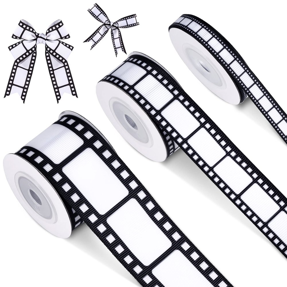 Cunno 3 Rolls Filmstrip Ribbon Film Movie Ribbon Decorating Material Party Accessory for Theatre Cinema Themed Party Decor Home DIY Wrapping Wreaths Crafts, 0.4, 0.87, 1.5 Inch Wide, 15 Yard