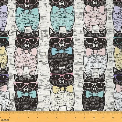 Cat Fabric By The Yard, Cartoon Animal Upholstery Fabric for Chairs, Cute Pet Decorative Fabric, Colorful Glasses Indoor Outdoor Fabric, Gift Funny Education Waterproof Fabric, 10 Yards